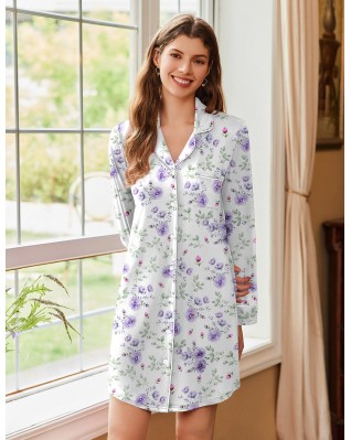 Women's White Printed Button-Down Long Sleeve Pajamas Women's White Printed Button-Down Long Sleeve Pajamas