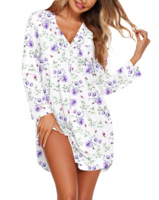 Women's White Printed Button-Down Long Sleeve Pajamas Women's White Printed Button-Down Long Sleeve Pajamas