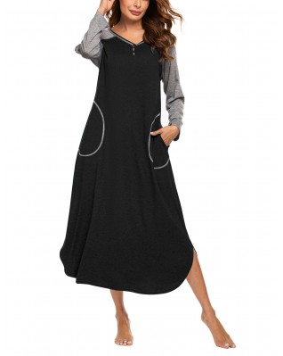 Women's Nightgown V Neck Home Colorblock Long Sleeve Pajamas Women's Nightgown V Neck Home Colorblock Long Sleeve Pajamas