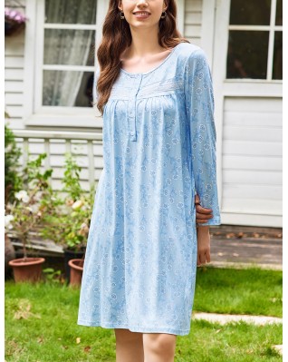 Women's Blue Long Sleeve Button Floral Nightgown Women's Blue Long Sleeve Button Floral Nightgown