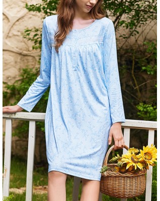Women's Blue Long Sleeve Button Floral Nightgown Women's Blue Long Sleeve Button Floral Nightgown